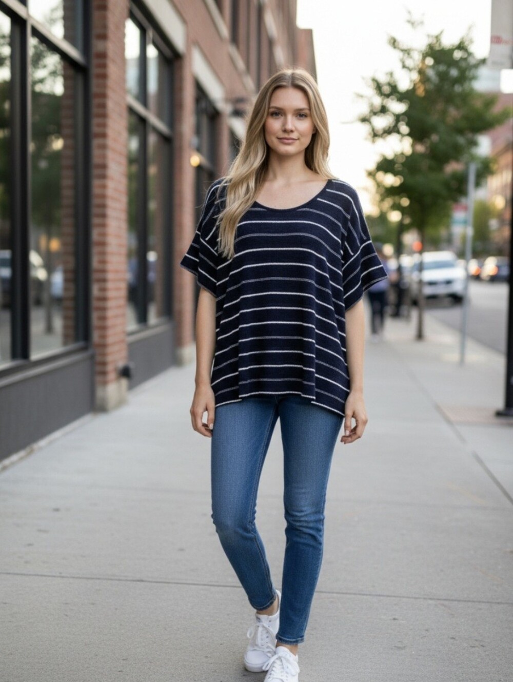 Max Studio Striped Navy Short-Sleeve Knit Top